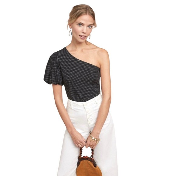 MAEVE Anthropologie Women's Black Polka Dot One Shoulder Puff Sleeve Top Size XL - Picture 5 of 6